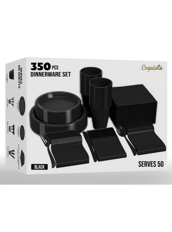 Exquisite 350 Piece Black Party Plates, Disposable Plastic Black Party Supplies - Tableware Combo Set