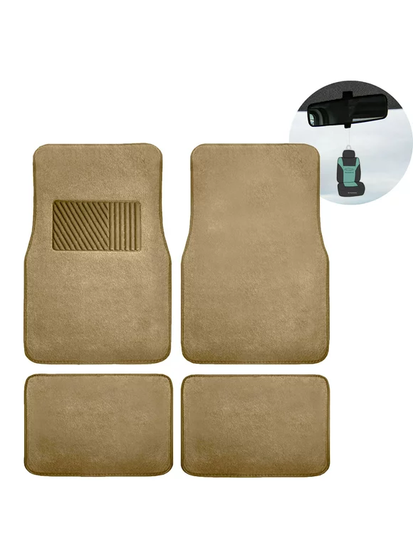 FH Group Carpet Non-Slip Beige Car Floor Mats, Universal 4pc Full Set with Air Freshener