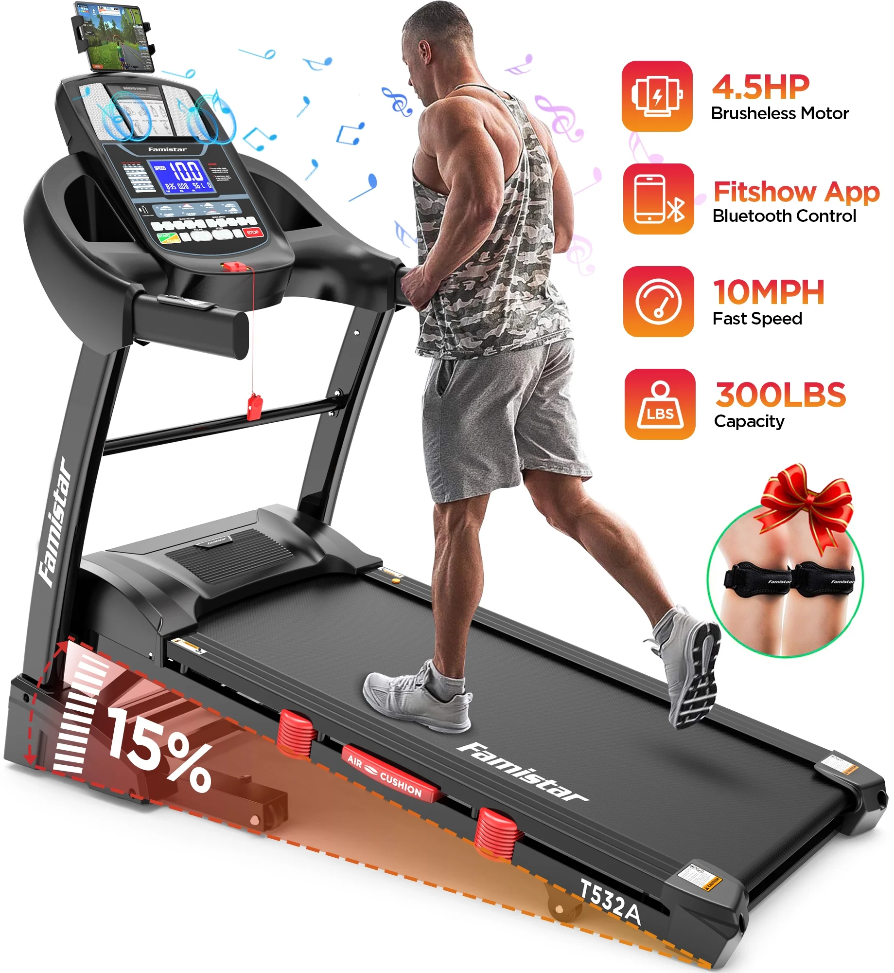 Famistar 4.5HP Folding Treadmill w/ APP control Portable Foldable, 15 Levels Auto Incline Treadmill for Home Office, 300lbs Capacity, Adjustable iPad Holder, Max 10MPH Speed, Knee Strap Gift