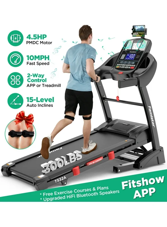Famistar Folding Treadmill for Home with 15 Levels Auto Incline, 300LB Capacity, 10MPH Fast Speed Controls, Portable Treadmill Running Walking Machine, 4.5HP, Knee Strap Gift
