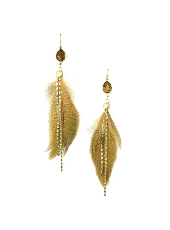 Feather with Stone Drop Earrings, Mustard, 4-Inch