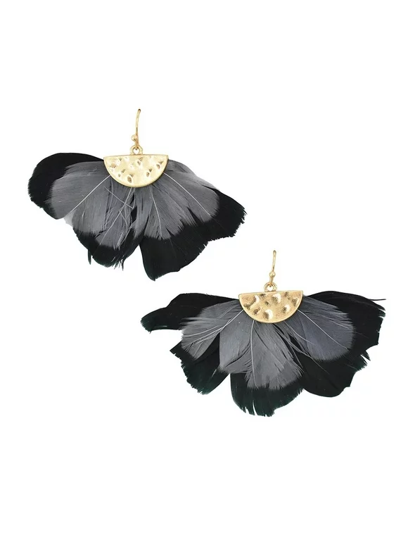 Feathers Drop Earrings with Hammered Metal, Black, 1-1/2-Inch