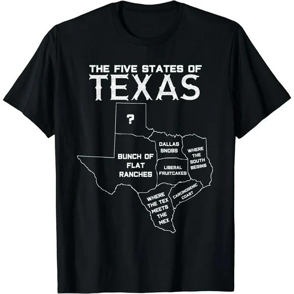 Five States of Texas - Funny Maps of Dallas Houston Austin Short Sleeve T-Shirt Black 2X-Large