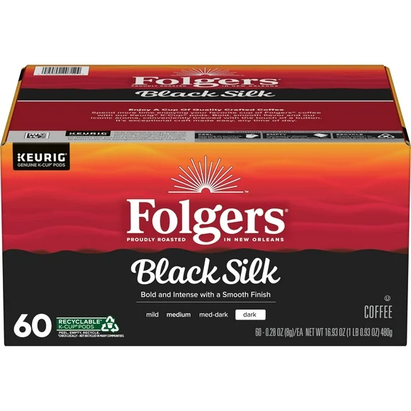 Folgers Black Silk, Dark Roast Coffee, Keurig K-Cup Pods, 60 Count Box
