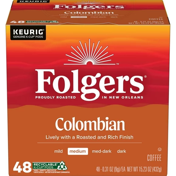 Folgers Colombian Coffee, Medium Roast, Keurig K-Cup Pods, 12 count Box
