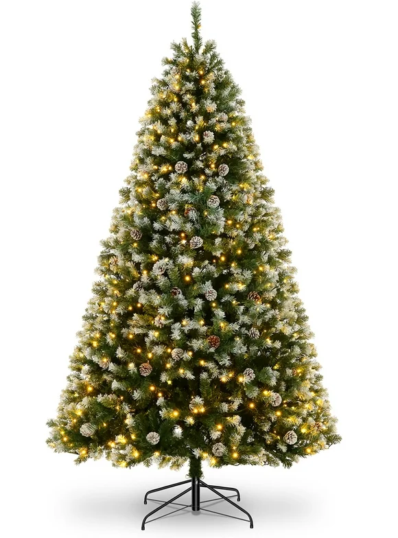 Funcid 6ft Prelit Christmas Tree with Pine Cones Decorated Christmas Tree Flocked Xmas Tree with Light for Home, Office, Party Holiday Decoration w/756 Branch Tips 250 Lights 51 Pine Cones