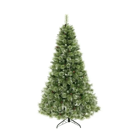 GDF Studio 7.5 Foot Cashmere Pine and Mixed Needles Pre Lit LED Hinged Artificial Christmas Tree with Snow and Glitter Branches and Frosted Pinecones, Clear Lights
