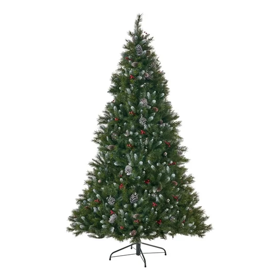GDF Studio 7 Foot Mixed Spruce Pre Lit/Unlit Hinged Artificial Christmas Tree with Red Berry Frosted Branches and Frosted Pinecones, Clear Lights