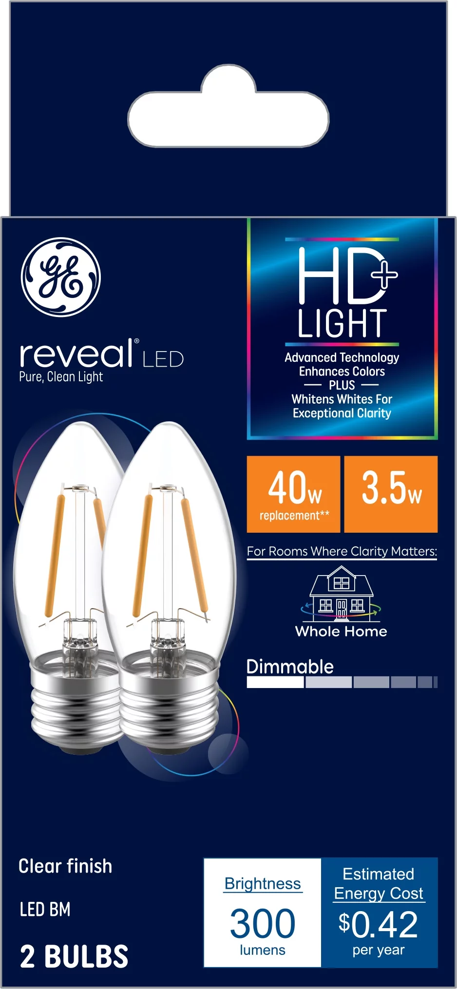 GE Reveal LED Decorative Light Bulbs, 40 Watt Eqv, E26 Medium Base, 2pk