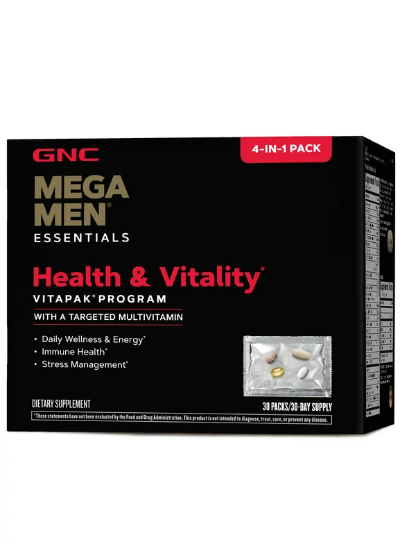 GNC Mega Men Health & Vitality Vitapak, 30 Daily Packs, 4-in-1 Complete Daily Multivitamin and Nutrition Program for Men