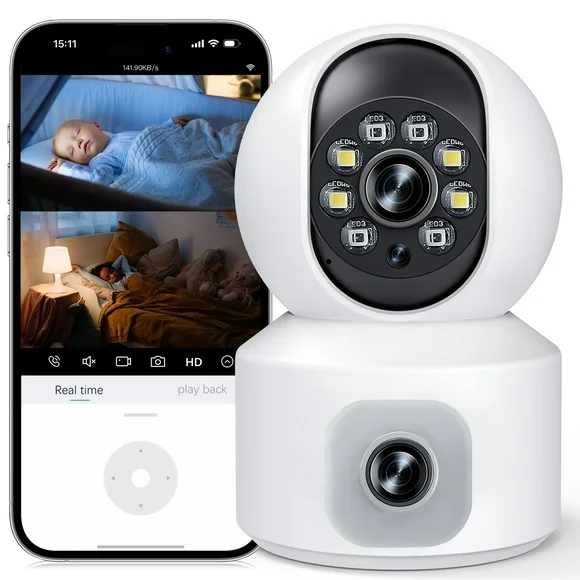 GPED Baby Monitor with Dual Cameras, 3K HD WiFi Security Camera W/ 360° PTZ & Fixed Camera,, Motion Tracking & Full-Color Night Vision for Baby Monitor/Pet Camera, 2-Way Audio for Baby Pet Elderly