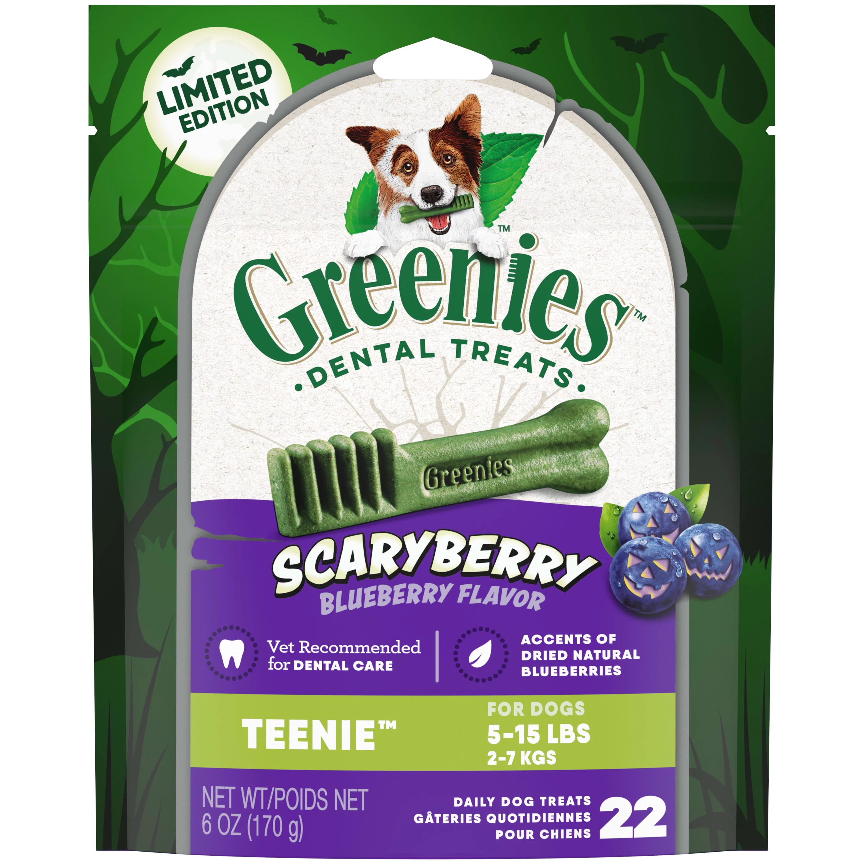 GREENIES ScaryBerry Blueberry TEENIE Halloween Dental Chew Treats for Dogs, 6 oz Pouch (22 Treats)