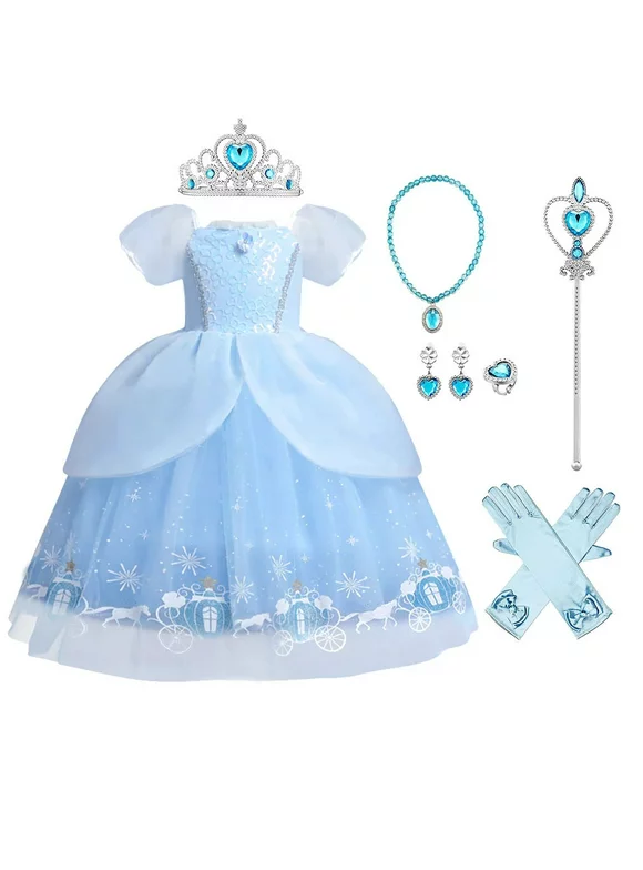Girls Cinderella Costumes Halloween Princess Dress Up Fancy Birthday Party Ball Gown
