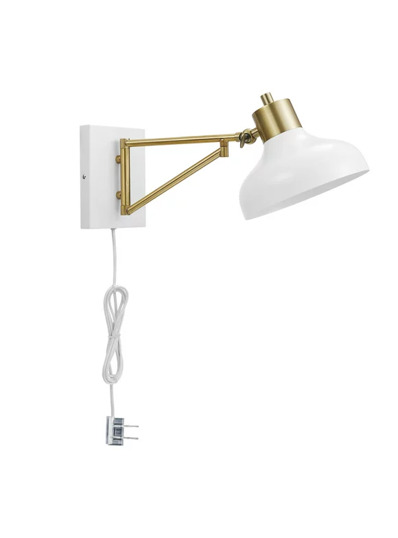 Globe Electric Berkeley 1-Light White and Brass Plug-In or Hardwire Swing Arm Wall Sconce, 51344
