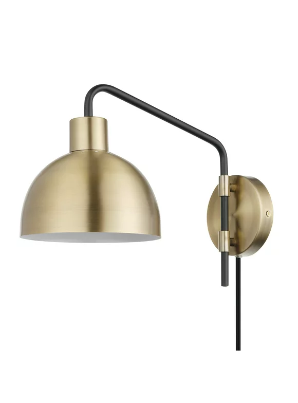 Globe Electric Dimitri 1-Light Antique Brass Plug-In or Hardwire Wall Sconce with In-Line On/Off Switch, 51719