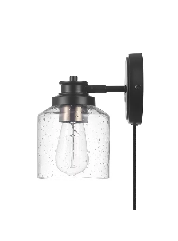 Globe Electric Willow 1-Light Matte Black Plug-In or Hardwire Wall Sconce with Seeded Glass Shade, 91004446