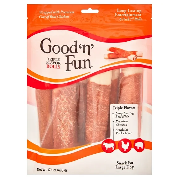 Good ’n’ Fun Triple Flavor Chews, 7 Inch Rolls, Rawhide for Dogs, 6 Count