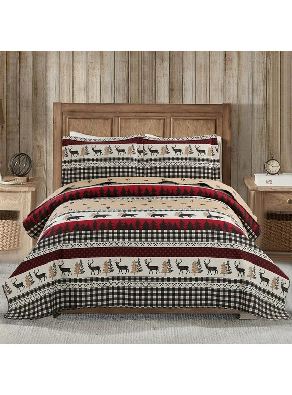 Green Essen Rustic Quilt Sets Queen/Full Size Reversible Lodge Bedding Set Microfiber Moose Bear Bedspread Lightweight Coverlet Cabin Decor