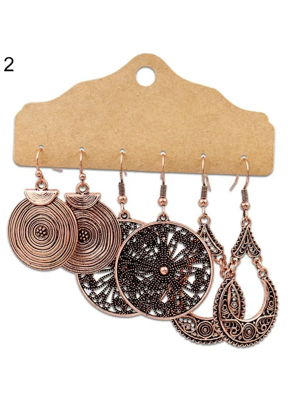 Grofry Women Earring,3 Pairs Boho Gypsy Feather Round Hollow Dangle Hook Earrings Party Jewelry 2
