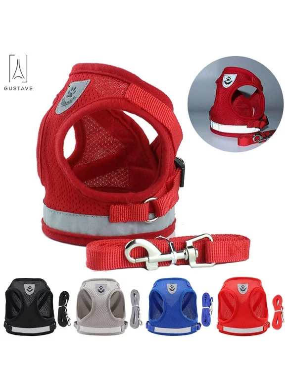 Gustave Dog and Cat Adjustable Reflective Harness Leash Pet Vest with Traction Rope Soft Mesh Corduroy Dog Harnesses "Red, XS"