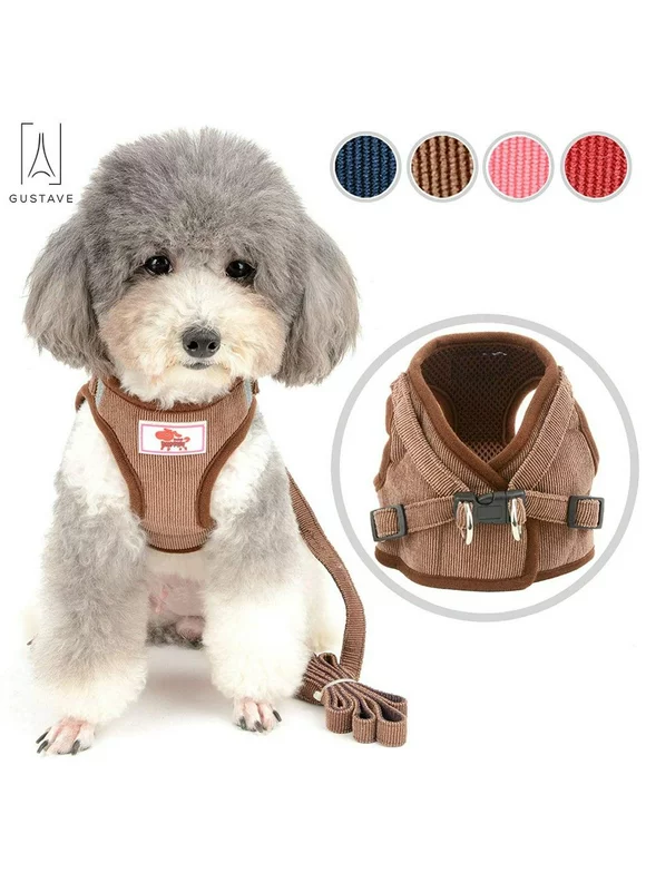 Gustave Pet Dog Vest Harness and Leash Set Adjustable Reflective Safety Vest Soft Corduroy Mesh Padded For Puppy Dogs Cats Outdoor "Coffee, Size XS"