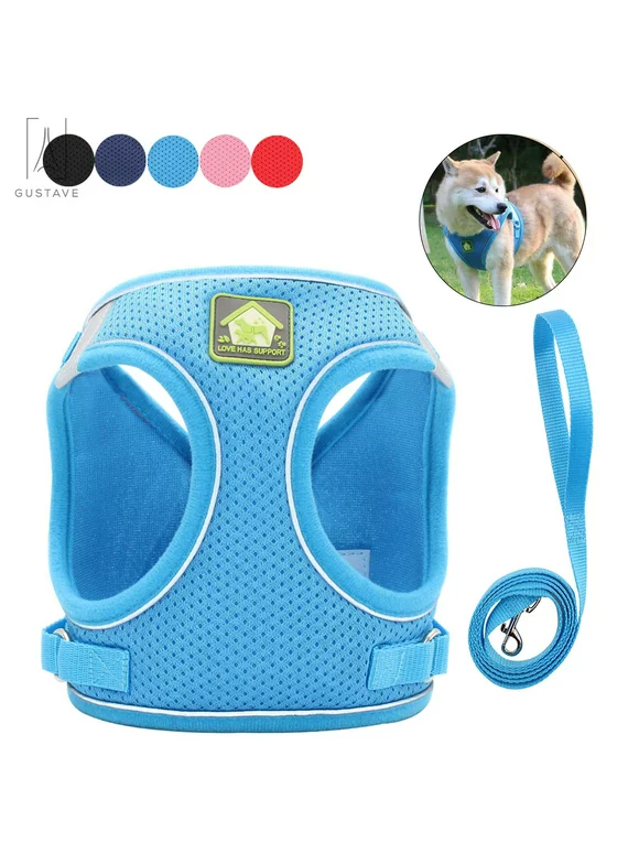 Gustave Soft Mesh Pet Dog Harness and Leash Set, No-Pull Pet Harness Adjustable Reflective Breathable Mesh for Small Medium Dogs and Cats (Blue, Size XS)