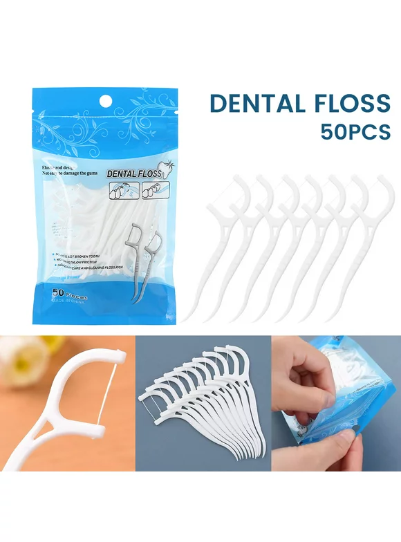 HOTBEST 50Pcs Dental Floss Picks Disposable Dental Floss Sticks with Non-Slip Handle Toothpick Floss Picks Oral Teeth Cleaning Care