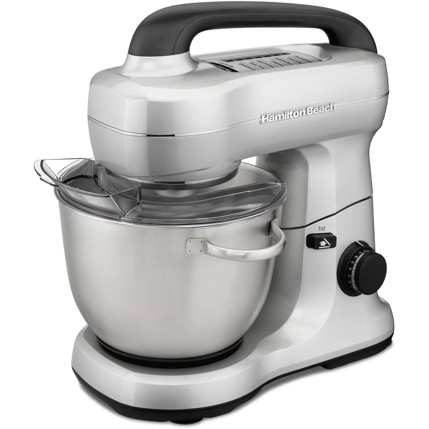Hamilton Beach Electric Stand Mixer with 4 Quart Stainless Bowl, 7 Speeds, Whisk, Dough Hook, and Flat Beater Attachments, Splash Guard, 300 Watts, Silver, 63392