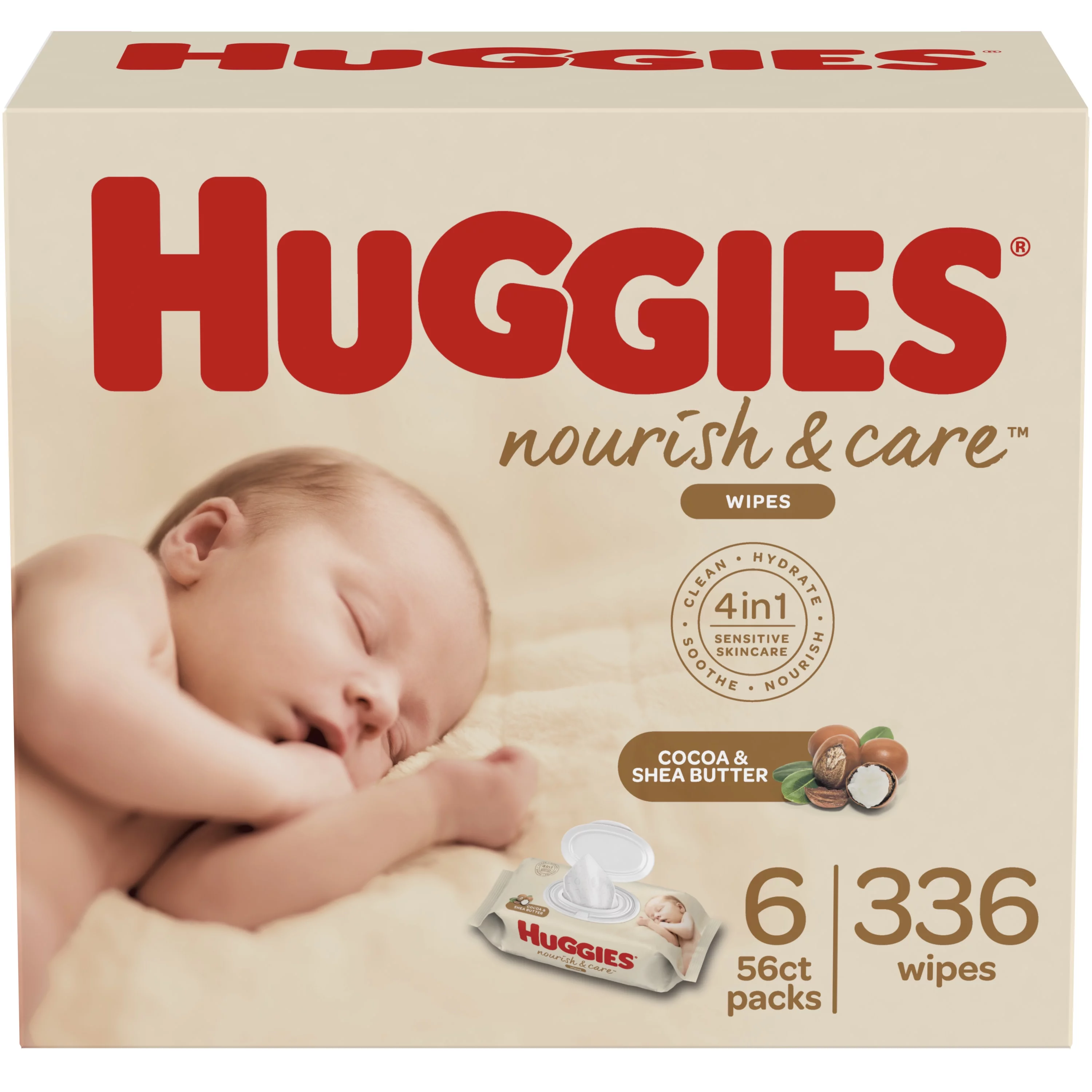 Huggies Nourish & Care Baby Wipes, Sensitive Skincare, Scented, Water-Based, 6 Flip-Top Packs, 56 Count (336 Wipes Total) 336 Count (Pack of 1)