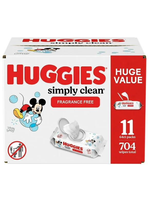Huggies Simply Clean Unscented Baby Wipes, 11 Flip-Top Packs (704 Wipes Total)