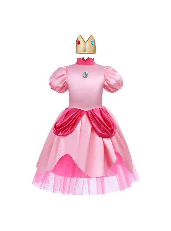 IBTOM CASTLE Princess Peach Outfit for Girls Super Brothers Princess Peach Dress Crown Halloween Carnival Fancy Dresses 7-8 Years Pink