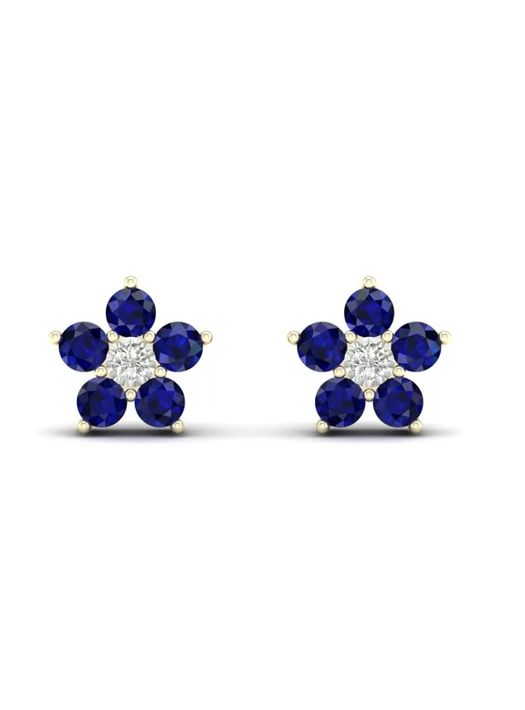 Imperial Gemstone 10k Yellow Gold Blue Sapphire and Diamond Flower Burst Stud Earrings