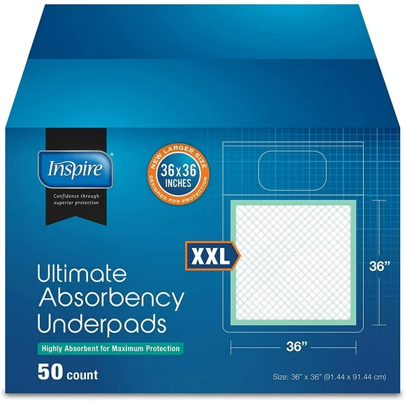 Inspire Extra Large Super Absorbent Bed Pads for Incontinence Disposable Underpad 36 x 36 Inches, Ultra Thick and Absorbent Chux Puppy Pads