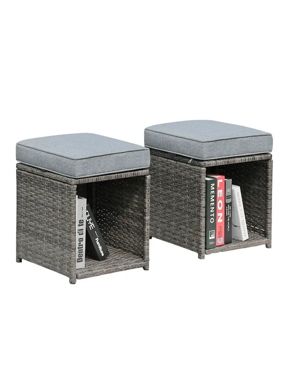 JOIVI 2 Pieces Outdoor Patio Ottoman, All Weather Rattan Wicker Ottoman Set, Outdoor Footstool Footrest Seat with Removable Cushions Storage Space, Gray