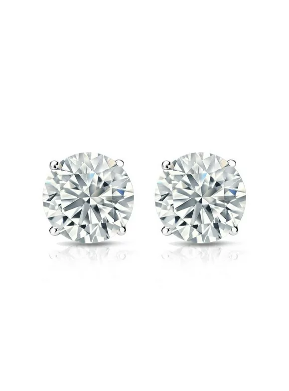 JeenMata 4 Prong 2 Carat Round Shaped Moissanite Solitaire Stud Earrings In 18K White Gold Plating Over Silver