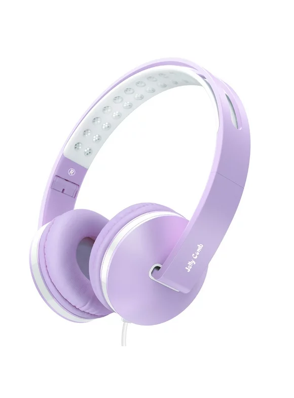 Jelly Comb Kids Headphones Wired Headphone for Kids,Foldable Adjustable Stereo Tangle-Free,3.5MM Jack Wire Cord On-Ear Headphone for Children purple and White
