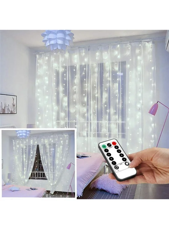 Juhefa String Lights Curtain Lights with Remote 7.9' L x 5.9' W 144-Bulb USB Plug-in LED Light for Wedding Home Bedroom Decor,White