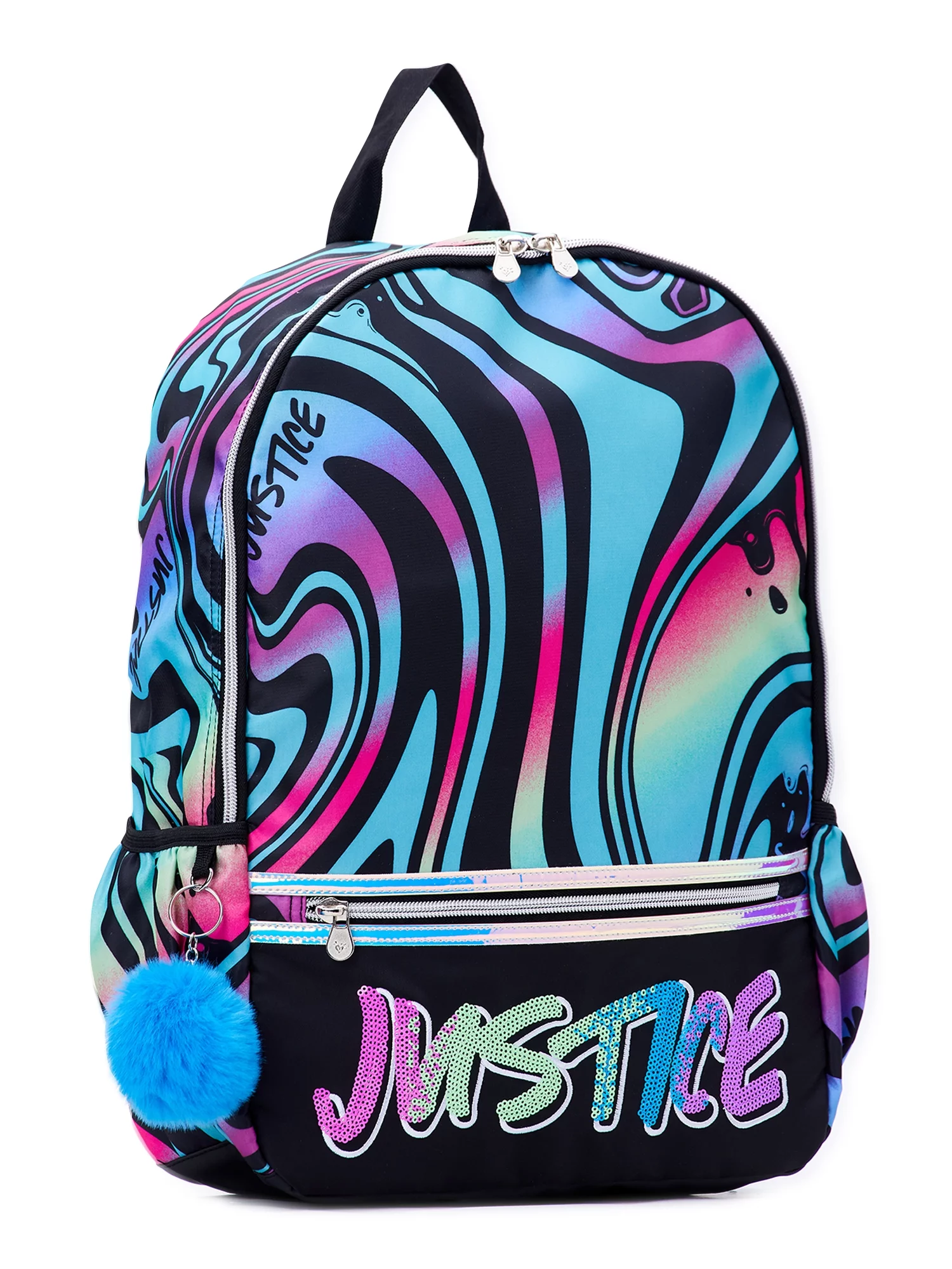 Justice Girls 17" Laptop Backpack with Pom Key Chain, Multi-Color Swirl