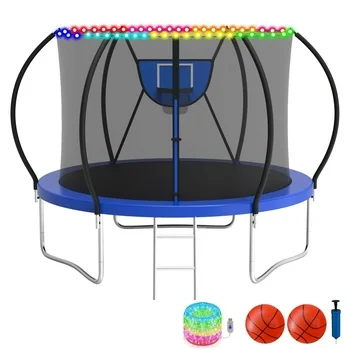 KOFUN Trampoline with Basketball Hoop & Light, 1500lbs 10FT 12FT 14FT 16FT Trampoline for Adults and Kids, No Gap Design Backyard Trampoline with Enclosure Net, Ladder, Blue