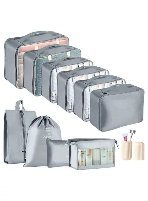 KOOVON Packing Cubes for Travel, 11 PCS Travel Cubes Set Foldable Suitcase Organizer Lightweight Luggage Storage Bag, Gray