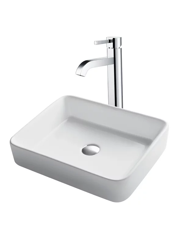 KRAUS 19-inch Modern Rectangular White Porcelain Ceramic Bathroom Vessel Sink and Ramus Faucet Combo Set with Pop-Up Drain, Chrome Finish