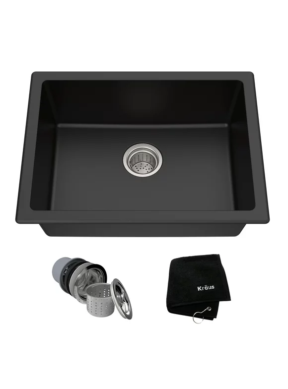 KRAUS 24 Inch Dual Mount Single Bowl Granite Kitchen Sink w/ Topmount and Undermount Installation in Black Onyx