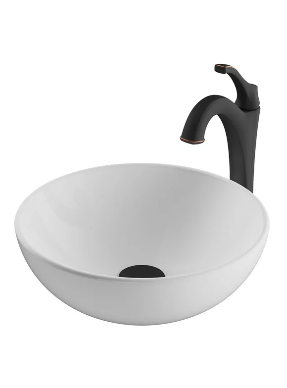 KRAUS Elavo 14-inch Round White Porcelain Ceramic Bathroom Vessel Sink and Arlo Faucet Combo Set with Pop-Up Drain, Oil Rubbed Bronze Finish