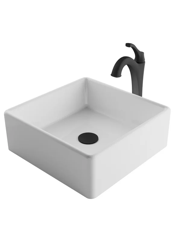 KRAUS Elavo 15-inch Square White Porcelain Ceramic Bathroom Vessel Sink and Matte Black Arlo Faucet Combo Set with Pop-Up Drain