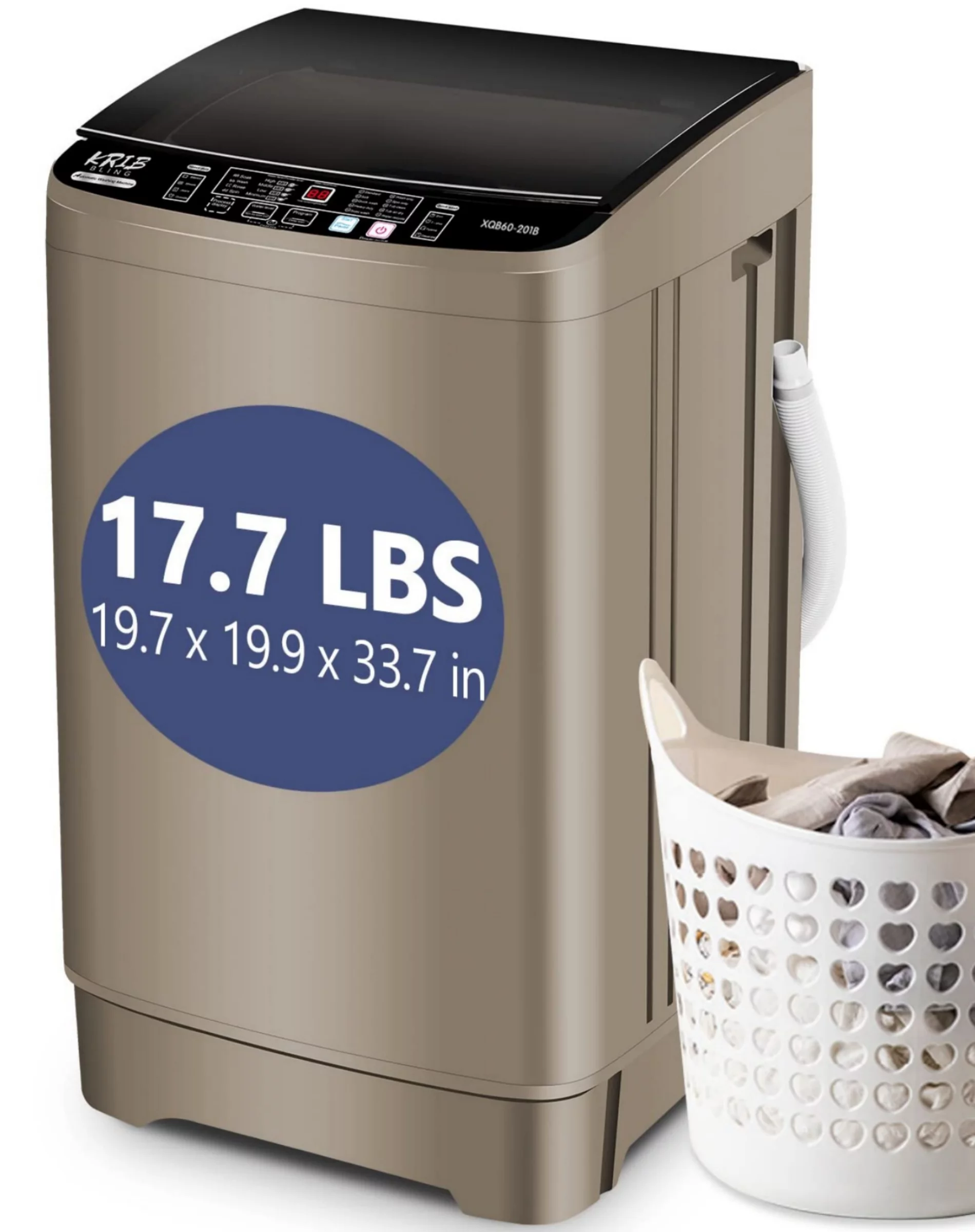 KRIB BLING Portable Washing Machine, 17.7 lbs Large Capacity Full Automatic Washing Machine, Compact Laundry Washer for Home Apartment, Coffee Gold