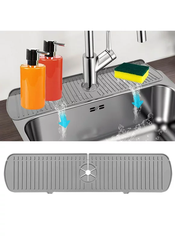 Kitchen Sink Splash Guard, EEEkit 24inch Silicone Faucet Handle Drip Catcher Tray Mat, Dish Soap Dispenser Sponge Holder, Sink Accessories for Kitchen Counter and Bathroom, Gray/Off White