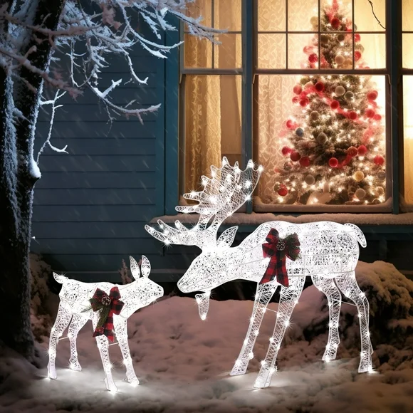 Ktaxon 2-Piece Lighted Christmas Deer Family, Outdoor Yard Decoration Set with 200 LED Lights, Stakes, Zip Ties - White