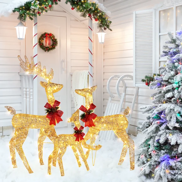 Ktaxon 3-Piece Lighted Christmas Deer Set Outdoor Yard Decoration LED Lights, Stakes - Gold