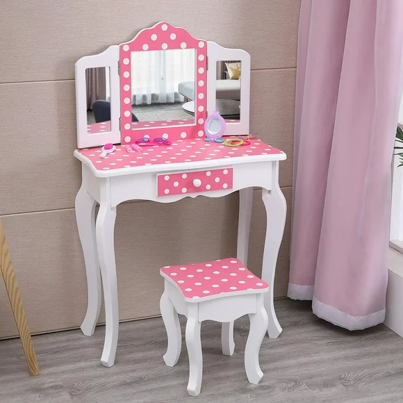 Ktaxon Kids Vanity Table and Stool Set with 3 Mirrors, Pretend Play Princess Makeup Dressing Table,Children's Furniture
