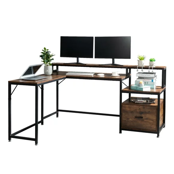 Ktaxon L-Shaped Computer Desk with Wireless Charging Station,Corner Latop Office Table with File Cabinet for Letter Size